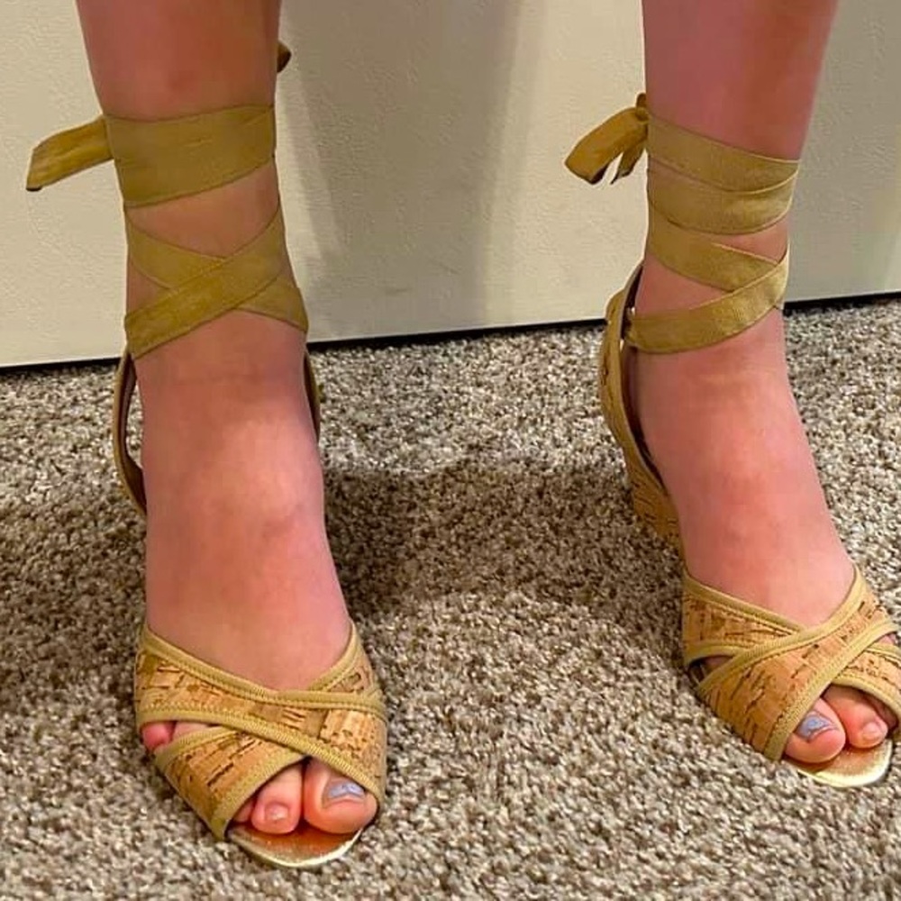 Wedge Sandals - cork and beige ribbon. Size 6.5.  Worn only a few times.